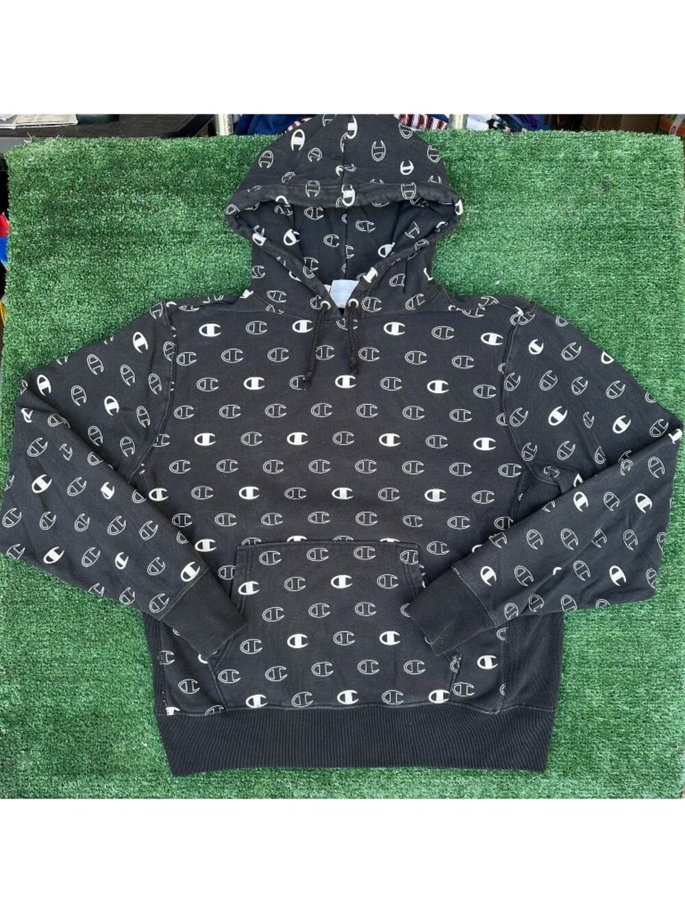 Vintage Y2K Champion Reverse Weave All Over Hoodie Black L Streetwear Athleisure
